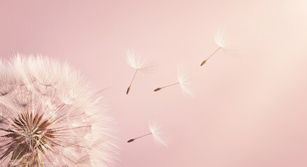 Obraz premium Dandelion Seeds Floating on a Gentle Breeze Through a Pink Sky