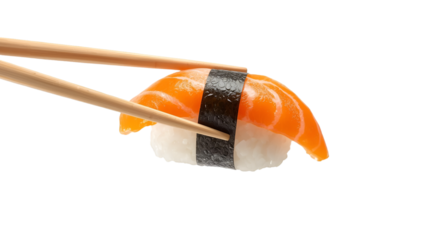 Salmon Nigiri Sushi Gripped by Wooden Chopsticks Black Background