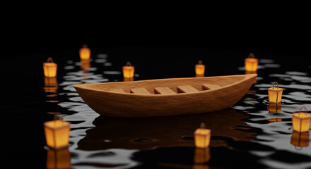 Obraz premium A small wooden boat floats on dark water surrounded by glowing lanterns creating a serene and peaceful nighttime atmosphere