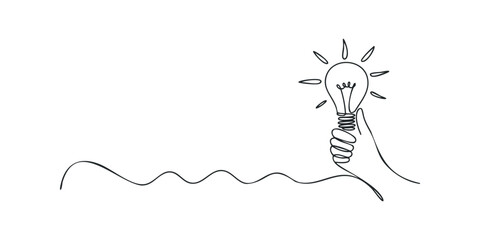 Hand Holding Glowing Lightbulb in Minimalist Drawing Style