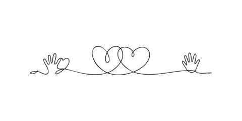 Continuous line drawing of two intertwined hearts and reaching hands