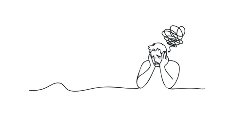 Person holding head in distress with scribbled thoughts
