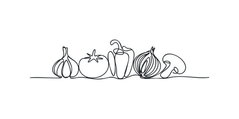 Continuous Line Drawing of Assorted Vegetables on White Background