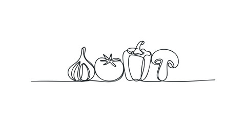 Line drawing of garlic, tomato, bell pepper, and mushroom