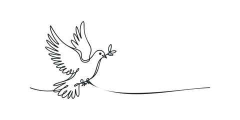 Single line drawing of a dove with olive branch flying