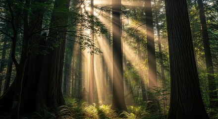 Obraz premium Sunlight beams through the trees in a serene forest
