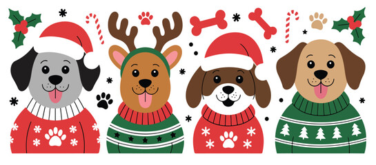 Cute Cartoon Dogs in Christmas Sweaters | Holiday Themed Pet Graphics for Greeting Cards, Party Invitations and Winter Marketing