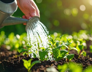 Watering young mint plants in a garden