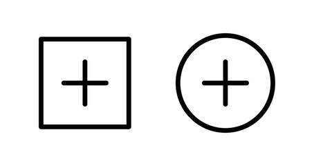 Add icons set, square and circle plus sign outline symbols, Add button set, Vector illustration.