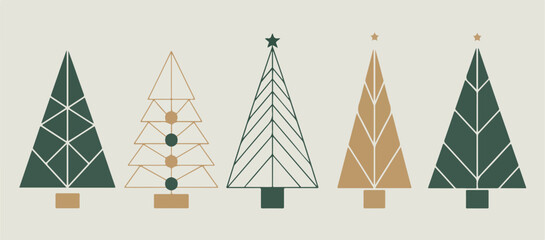 Abstract Christmas Tree Collection in Green and Gold | Geometric Holiday Season Design Elements for Backgrounds, Cards and Festive Decoration