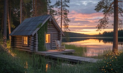 Wooden cabin by a lake at dusk with a dock and two rocking chairs, serene sunset