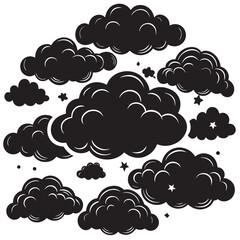 Illustration of a collection of black clouds with stars