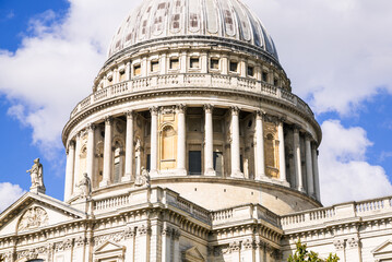 London, UK.  St. Paul's cathedral view. Dome against of a blue sky