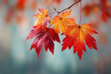 Autumn leaves in shades of red and orange hang from a branch against a blurred, muted blue and orange background
