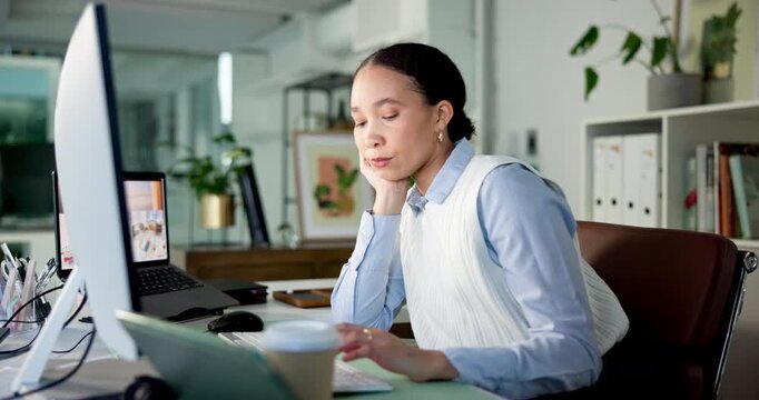 Computer, typing and bored business woman with exhausted copywriter in workplace. Fatigue, lazy and tired employee in office with deadline procrastination, research and review blog for website