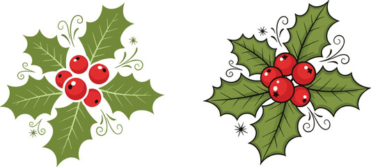 Flat vector holly leaves and berries illustration, festive Christmas botanical design, decorative seasonal artwork, green foliage with red berry accents © MD