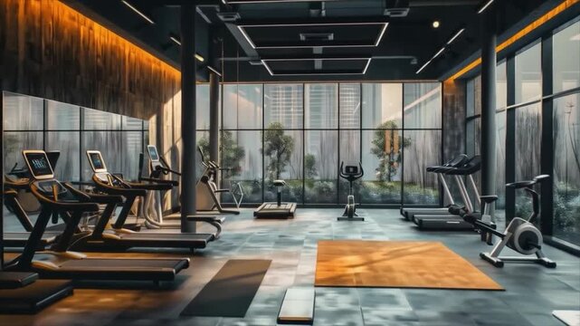 A modern gym with panoramic windows, filled with cardio and strength training equipment, ready for your morning workout. Suitable for publications about healthy lifestyles, fitness clubs, motivation t