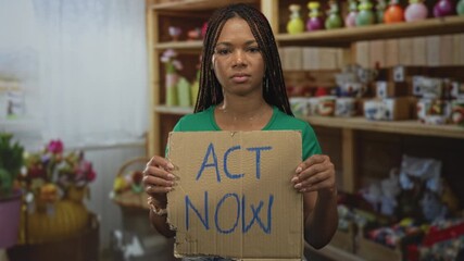 Woman holding cardboard sign that reads act now in a building shop, wearing green shirt and braided hair, direct gaze and neutral expression; urgent activism.