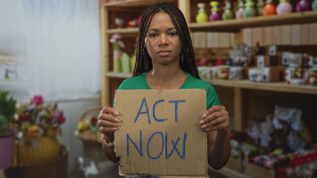 Woman holding cardboard sign that reads act now in a building shop, wearing green shirt and braided hair, direct gaze and neutral expression; urgent activism.