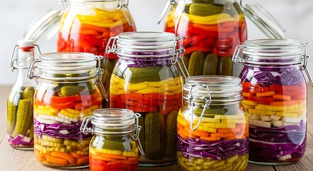 Colorful Pickled Vegetables in Jars - A Vibrant Display of Preserved Goodness.