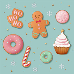 Christmas cookies set – bagels, gingerbread man, “Ho Ho Ho” lettering, candy cane shape, Christmas tree. For holiday design, decoration, cards, packaging. Vector illustration on blue background.