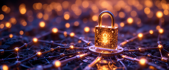 a connected metalick curcuite with glowing connection points, a 4d digital glowing golden lock standing on the middle, copy space on the left, warm and colors theme, 