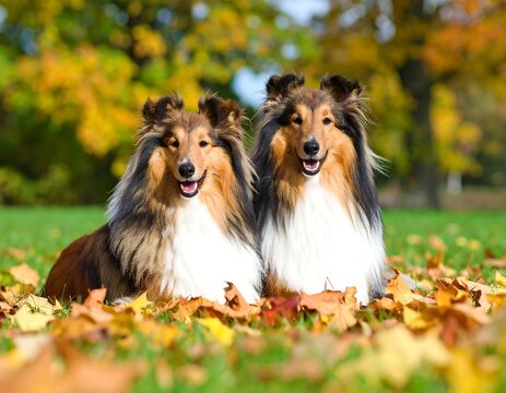 Two fluffy shelties in autumn leaves