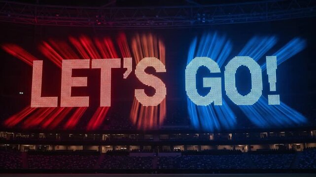 Energetic LETS GO Text with Dynamic Red and Blue Light Rays.