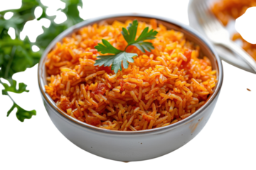 Delicious bowl of vibrant jollof rice garnished with fresh herbs on a bright surface isolated on transparent background