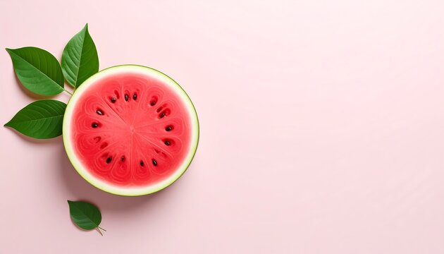 Watermelon slice on pink background with leaves - Powered by Adobe