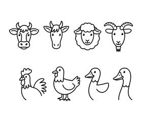 Farm Animals Outline Icon Set - Cow, Sheep, Goat, and Poultry Line Art Vectors