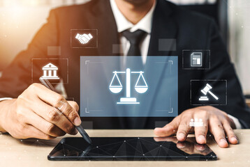 Legal compliance and governance concept showing justice scale, courthouse, contract, policy,...