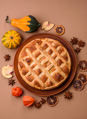 Sweet American pie with apples, pears, and cinnamon, a homemade dessert. Apple American pie