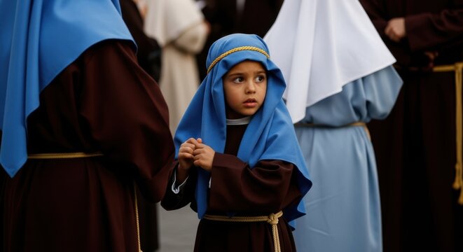 Young girl in traditional religious costume with blue headscarf