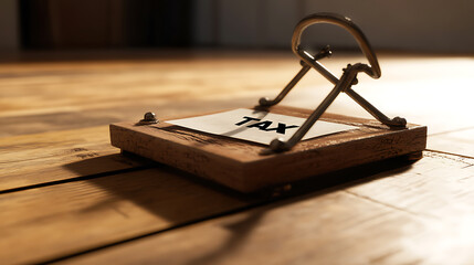 A mousetrap baited with a piece of paper that has the word tax printed on it. Conceptual metaphor for avoiding taxation and the risk it represents.