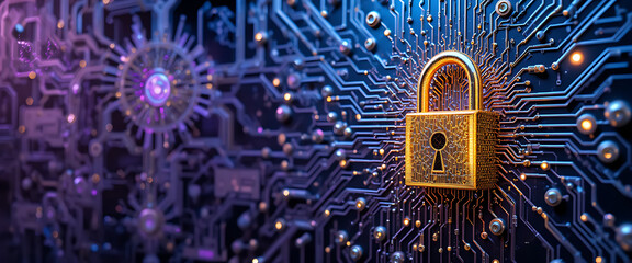 a connected metalick curcuite with glowing connection points, a 4d digital glowing golden lock standing on the middle, copy space on the left, warm and colors theme, 