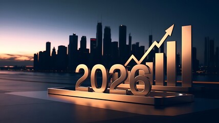 Golden year of twenty twenty six with rising graph and cityscape in the background at dusk or dawn time 2026