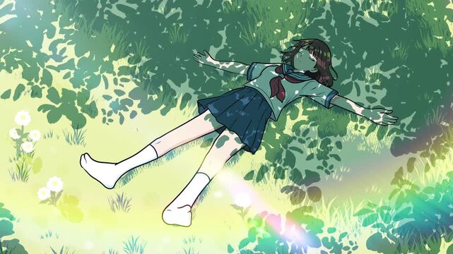 Anime Girl sleeping on the grass background for music lofi