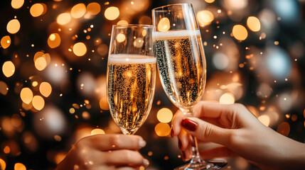 Toasting champagne flutes during festive celebration, two people clinking glasses filled with sparkling wine, marking a special occasion with elegant drinks and bokeh lights in the background