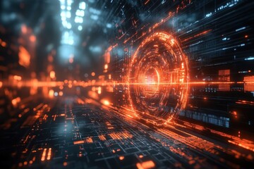 Futuristic digital landscape with glowing circuits and vibrant data streams in a cyber environment