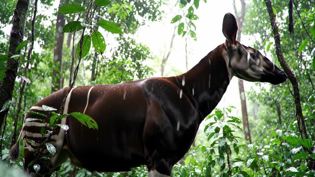 Beautiful Okapi traversing through the vibrant green forest, surrounded by lush vegetation and trees, an animal in its natural habitat.