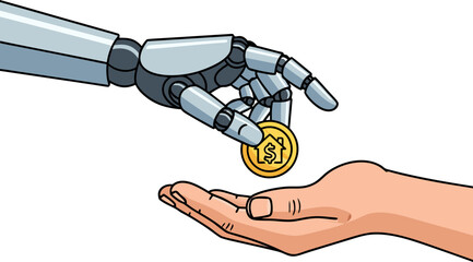 A robot hand gives a person a coin, symbolizing social support, unemployment benefits, and the new economy of the future. The concept of universal basic income (UBI) in the era of automation.
