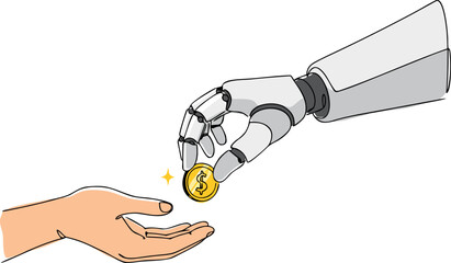 A robot hand gives a person a coin, symbolizing social support, unemployment benefits, and the new economy of the future. The concept of universal basic income (UBI) in the era of automation.