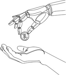 A robot hand gives a person a coin, symbolizing social support, unemployment benefits, and the new economy of the future. The concept of universal basic income (UBI) in the era of automation.