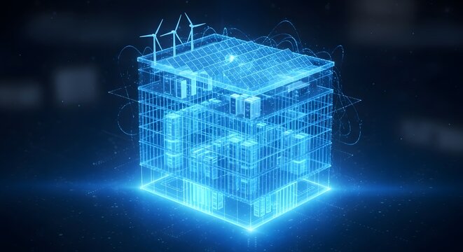 Photo of futuristic digital blueprint of a smart energy building with wind turbines and solar panels