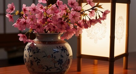 Cherry Blossoms in Vase with Lantern - A Serene Still Life.