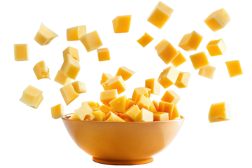 Cheese cubes suspended in mid-air above a brown bowl, creating a playful culinary moment isolated on transparent background