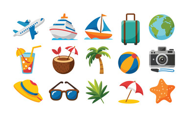 Flat Design Travel and Summer Vacation Icons Set - Tropical Holiday Vector Collection