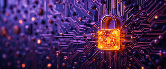 a connected metalick curcuite with glowing connection points, a 4d digital glowing golden lock standing on the middle, copy space on the left, warm and colors theme, 