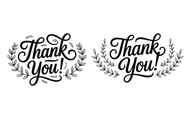 Thank You Lettering and Hand-Drawn Wreath Vector Set - Script Calligraphy Gratitude Design